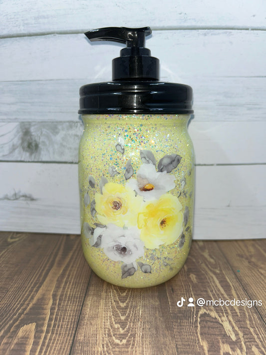 Yellow Floral Mason Jar Soap Dispenser