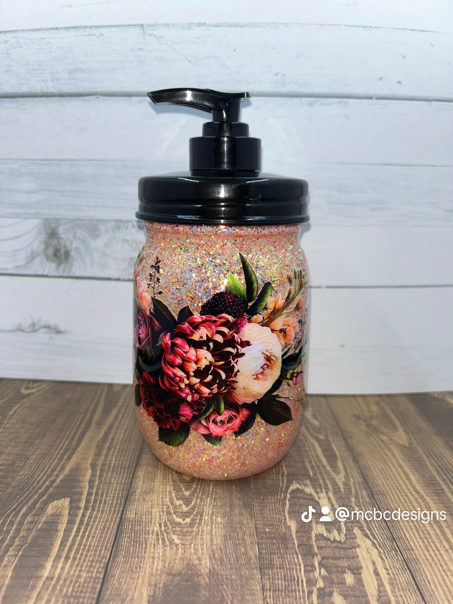 Peach Floral Mason Jar Soap Dispenser