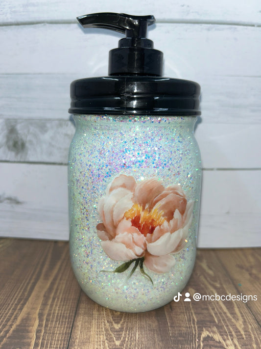 White Floral Mason Jar Soap Dispenser